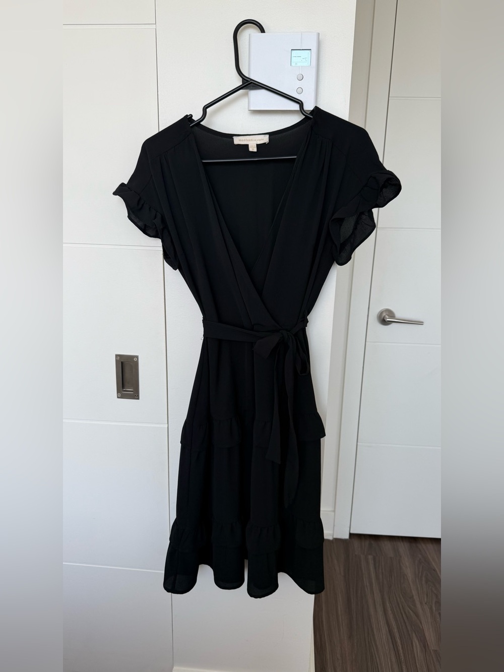Black Wrap Midi Dress with Ruffle Sleeves